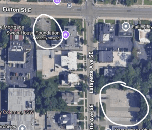 Circled in white are the Sweet House Foundations parking lots. Both are available to park at during your event